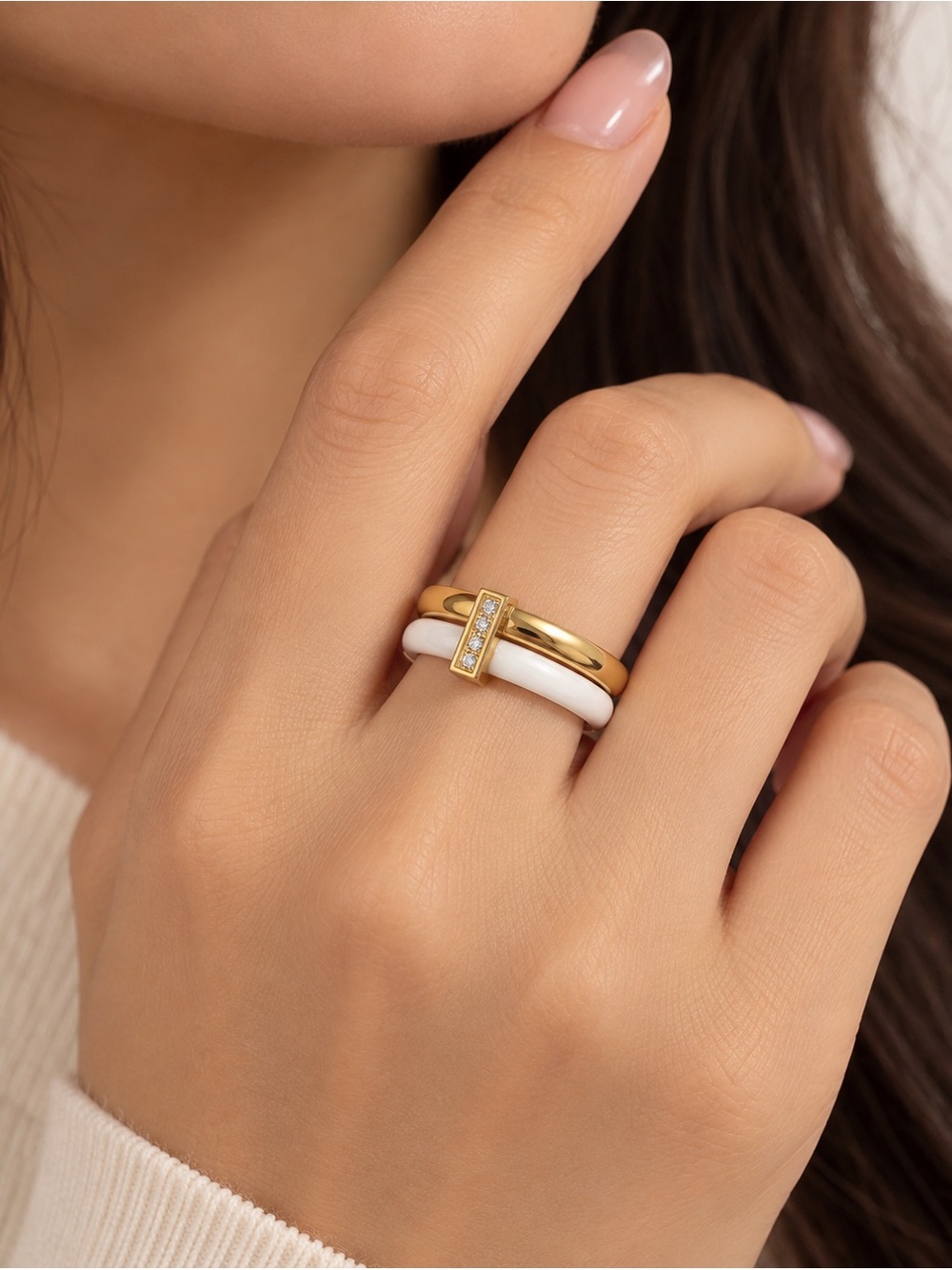 Gold White Enamel Ring Crystal Accent Statement Ring